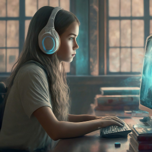 Note: Image AI generated using Canva from the prompt "student using a futuristic computer"

